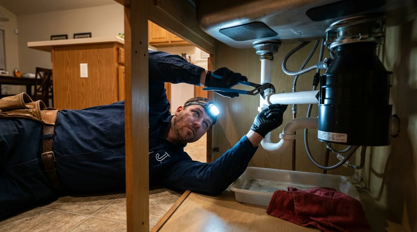 P-trap and supply line connections under a kitchen sink showing a common leak point in Mansfield, AR